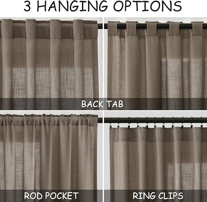 Dark Taupe Linen Sheer Curtains 54 Inch Length 2 Panel Set Back Tab Rod Pocket - Image 3