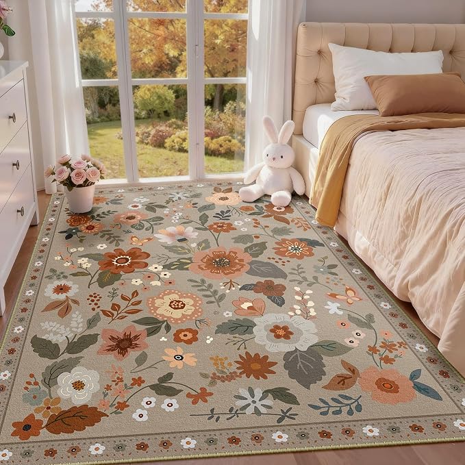 RELEANY Floral Washable 5x7 Area Rugs Brown/Brick | Flower Carpet Print Boho - Image 2