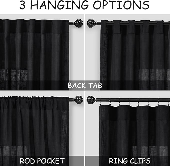 Black 102 Inch Linen Curtains for Living Room Back Tab Rod Pocket Privacy Semi - Image 2