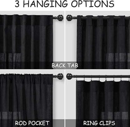 Black 102 Inch Linen Curtains for Living Room Back Tab Rod Pocket Privacy Semi - Image 2