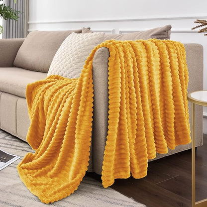 BEDELITE 3D Ribbed Mustard Yellow Fleece Twin Blanket - Image 9