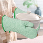 1 Pair Yarn Dyed Oven Mitts 100% Cotton Heat Resistant 470 Degree Gloves Men Women Cooking Baking Barbecue BBQ Microwave Crafting Machine Washable Pot Holders Mittens (Green)