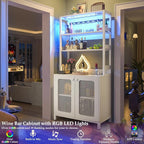 Aheaplus Bar Cabinet with Power Outlets, 67" Tall Wine Bar Cabinet Liquor Cabinet with LED Lights and Glass Holder, Coffee Bar Station for Living Room, Microwave Stand Bakers Rack Cabinet, White