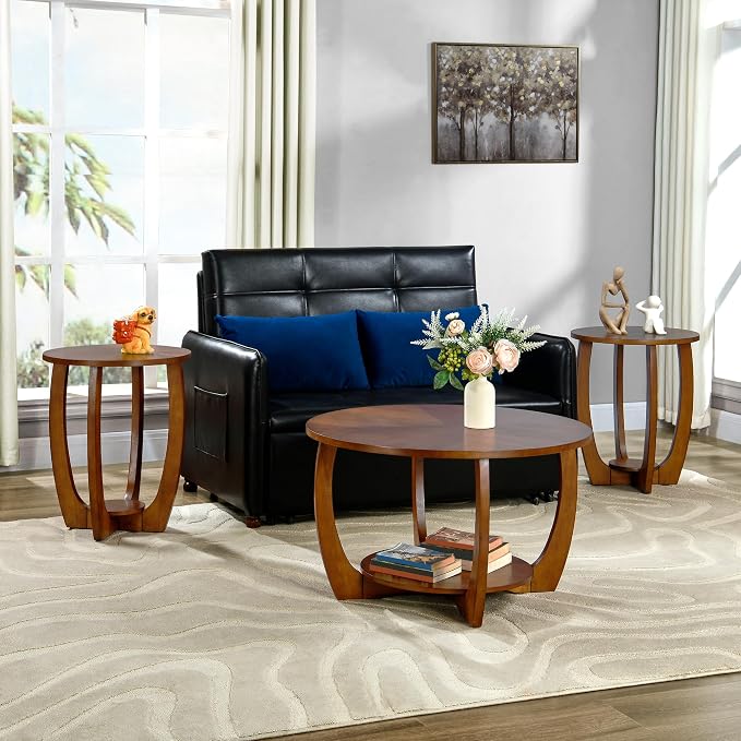Round Solid Wood Coffee & End Table Set, 2-Piece Solid Wood Living Room Table - Image 8