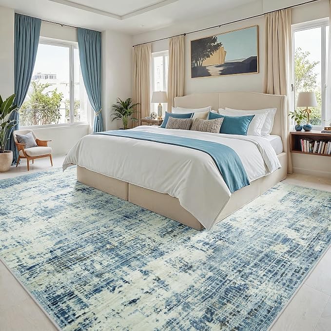 9x12 Washable Area Rug for Living Room Bedroom: Non-Slip Modern Blue Gray | - Image 2