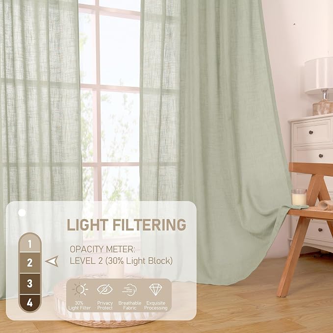 Short Linen Curtains 40 Inch Length, Sage Grey Small Window Semi Sheer Drapes - Image 5