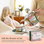 ACMLIFE Porcelain Tea Set for Adults, 15-Piece Green Bone China Tea Set for Women, Tea Cups and Saucers Set Service for 4, Gift (green, large set 13)