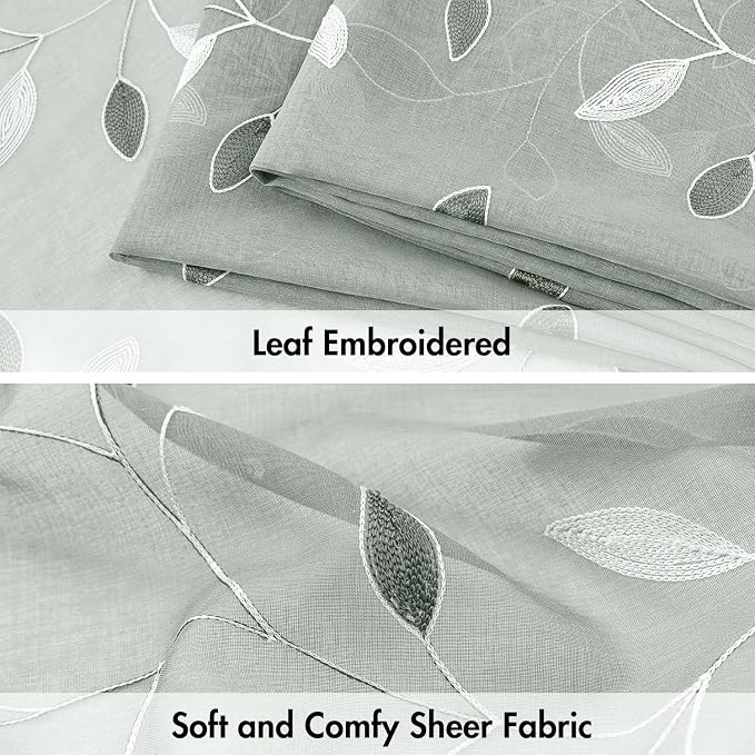 MIULEE Sage Sheer Curtains 2 Panels Embroidered Leaf Patterned, W52 x L63 | - Image 4