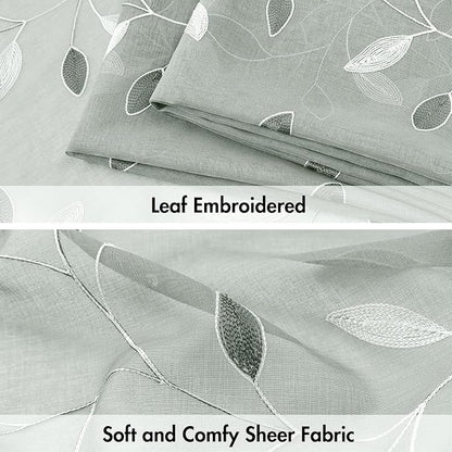 MIULEE Sage Sheer Curtains 2 Panels Embroidered Leaf Patterned, W52 x L63 | - Image 4