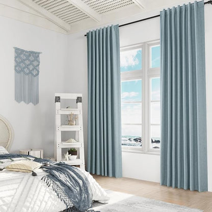 Blue 100% Blackout Linen Curtains 144 Inch Length 2 Panels Set - Image 8