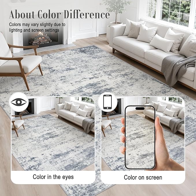 3x8 Washable Runner Rug：Modern Abstract Soft Carpet Blue Grey | - Image 4