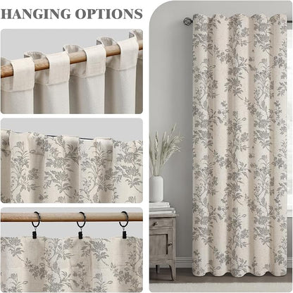 Grey Boho Floral 100% Blackout Curtains 84 Inch 2 Panels | Farmhouse Vintage - Image 7