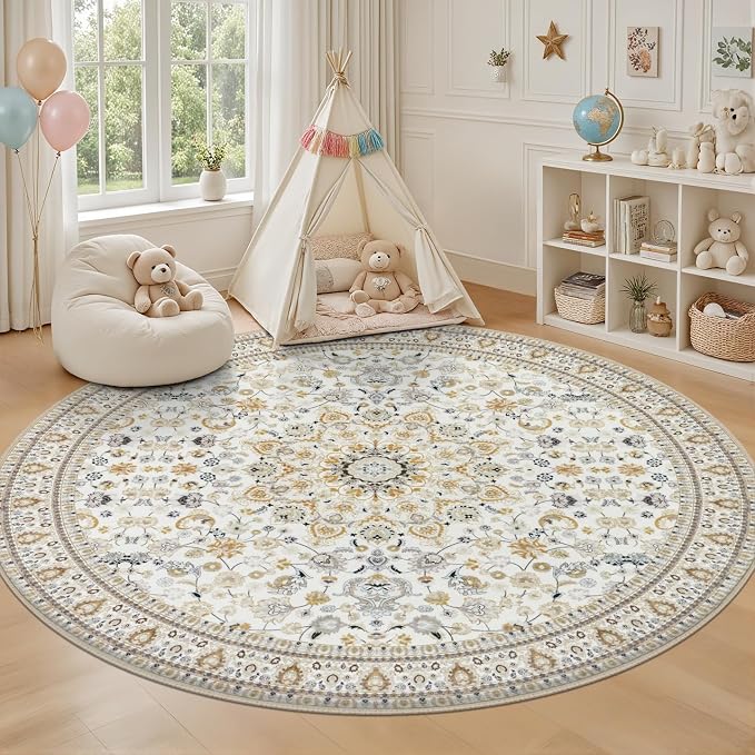 Round Area Rug for Living Room: 6ft Washable Rug for Bedroom Beige | Vintage - Image 5