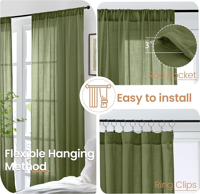 BGment 96 Inches Long Olive Green Linen Curtains - Image 6