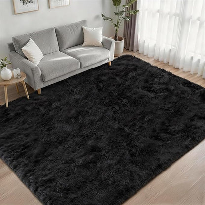 Area Rug Living Room Bedroom: 4x6 Fluffy Plush Shag Carpet Black | - Image 2