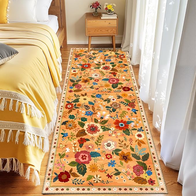 Floral Washable 2x10 Area Rugs Runner Entryway Hallway Yellow/Orange/Red | - Image 6