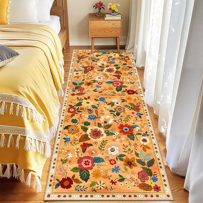 Floral Washable 2x10 Area Rugs Runner Entryway Hallway Yellow/Orange/Red | - Image 6
