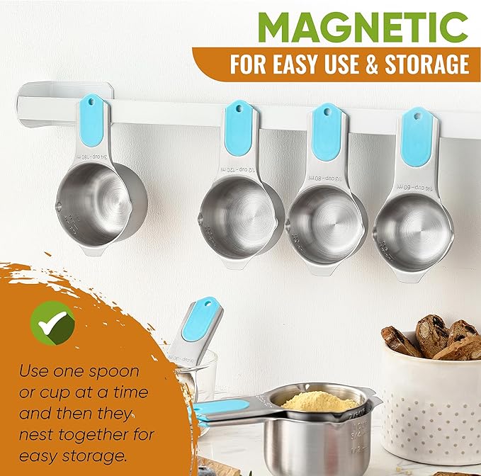 Spring Chef Magnetic Measuring Cups & Spoons Set (Patent Pending), Strong Magnets, Heavy Duty Stainless Steel Fits in Spice Jars for Baking & Cooking, BPA Free, Round Set of 15 with Leveler, Aqua Sky