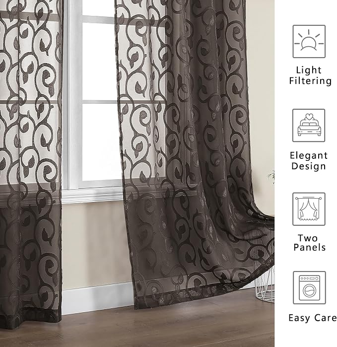 Furman Sheer Curtains Chocolate 54 Inch Length 2 Panels Set, Airy Jacquard Clip - Image 5