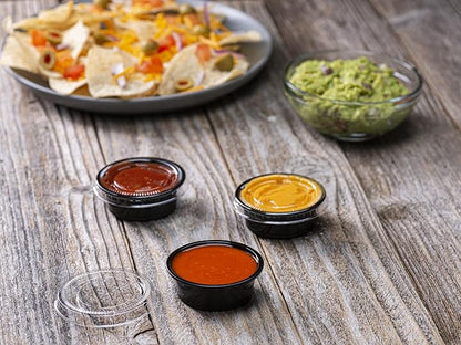 (1.5 oz - 100 Sets) Black Diposable Plastic Portion Cups With Lids, Small Mini Containers For Portion Controll, Jello Shots, Meal Prep, Sauce Cups, Slime, Condiments Disposable Souffle Cups