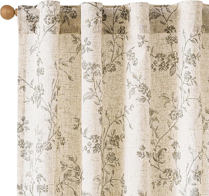 Extra Long Grey Vintage Floral Linen Curtains Farmhouse 2 Panels | Elisa Series by Lazzzy
