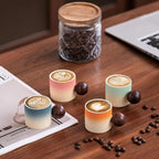 Ceramic Mini Espresso Cups Demitasse Cups with Round Wooden Handle Vertical Stripes Tea Cups (Beige&Green, 4pcs)