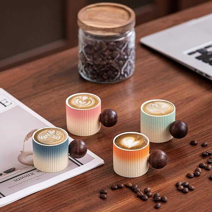 Ceramic Mini Espresso Cups Demitasse Cups with Round Wooden Handle Vertical Stripes Tea Cups (Beige&Green, 4pcs)