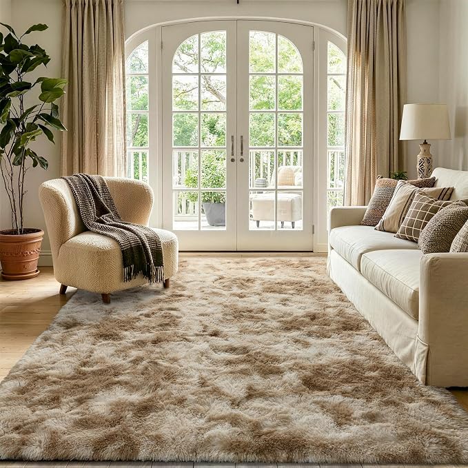 4x6 Tie-Dyed Beige Fluffy Soft Area Rug Non-Slip - Image 2