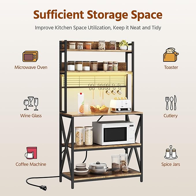 Yaheetech Kitchen Bakers Rack with Power Outlet & LED Lights, 5 Tiers Coffee Bar Table with 8 S Hooks, 64 Inches Tall Microwave Oven Stand with Storage for Spices, Pots, Rustic Brown