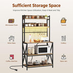 Yaheetech Kitchen Bakers Rack with Power Outlet & LED Lights, 5 Tiers Coffee Bar Table with 8 S Hooks, 64 Inches Tall Microwave Oven Stand with Storage for Spices, Pots, Rustic Brown