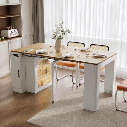 Extendable Dining Table with 3 Removable Middle Leaves, Mobile Rolling Island by SIYSNKSI