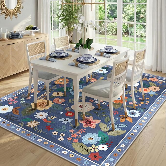 RELEANY Floral Washable 7x9 Area Rugs Blue/Grey | Flower Carpet Print Boho Cute - Image 9