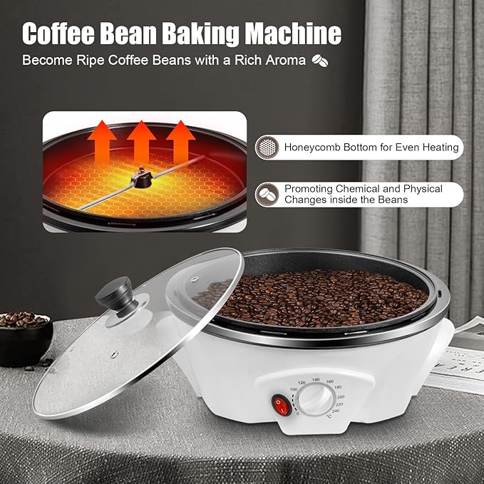 500g Coffee Roaster 800W Electric Coffee Bean Roaster with Non-stick Pan, 32℉-464℉ Temperature Adjustable Auto-matic Nuts Coffee Bean Roaster for Homes, Cafes, Hotels 110V