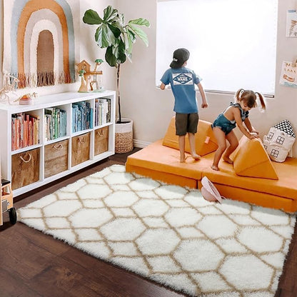 5x7 Area Rugs for Living Room Bedroom, Fluffy White and Beige Geometric Rug | - Image 9