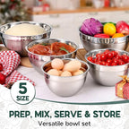 Stainless Steel Mixing Bowls with Black Lids, Metal Nesting Mixing Bowl Set of 5 - Size 1.5, 2, 2.6, 3.5, 4.6QT