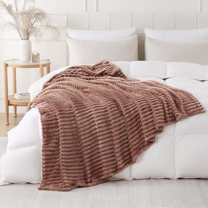 Chocolate Throw Blanket for Couch Sofa 90x90 inches Striped Design | Fleece - Image 2