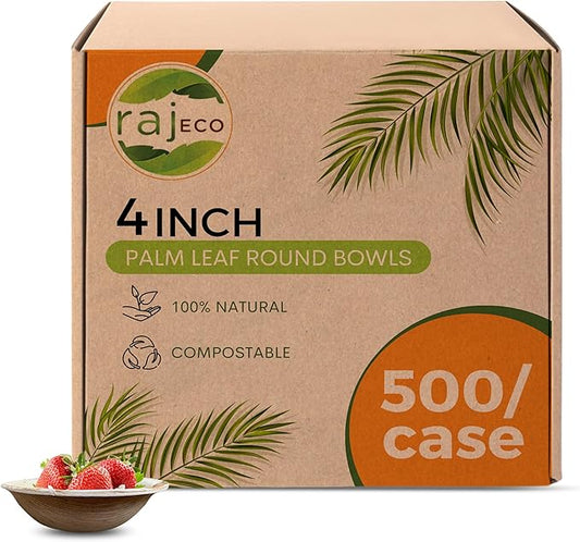 Raj Palm Leaf Bulk Bowls [50-Pack] 4" Round Bowls (10 CASES - 500 PACK) like Bamboo bowls Disposable, Strong, Decorative Compostable Tableware for weddings, Birthday, Camping, Outdoor
