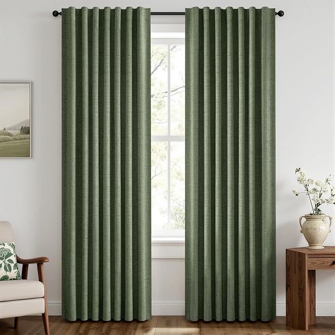 MIULEE 100% Blackout Linen Curtains 42 x 90 Inch Olive Green 2 Panels | Thermal by MIULEE