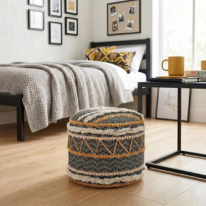 LR Home Black/Tan Coastal Striped Hand-Woven Cotton Ottoman Pouf by LRHome