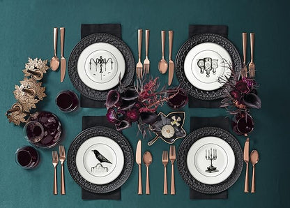 Lenox Dinnerware Set, Vintage Halloween 4-Piece Dessert Plate Set, Assorted, Set of 4 Ivory Porcelain Plates, Dishwasher Safe, Halloween Decor Indoor, Party Table Decorations (Black/White, 4 Piece)