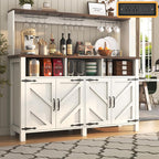 Buffet Sideboard with Storage Hutch with Power Outlets 4 Doors, Large Farmhouse Kitchen Storage Cabinet Wood Coffee Bar Cabinet with Goblet Holder and Cup Hooks for Kitchen, Dining Room, Entryway