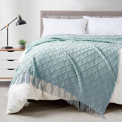BOURINA Aqua Throw Blanket 50 x70 Inches Jacquard Argyle Throw Textured Solid by BOURINA