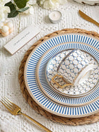 CwlwGO-European Style Ceramic Coffe Cup and Saucer Sets, 7 Oz Bone China Beautifully Glazed Blue Gold Tea Cup Set, Golden Spoon,Cappuccino, Latte, Suitable For Women's Gifts (4 pack)