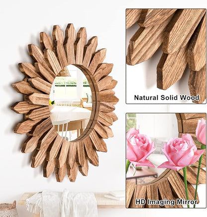 Emfogo Wall Mirror 12 inch Rustic Wood Sunburst Boho Mirror Wall Decor Home - Image 5