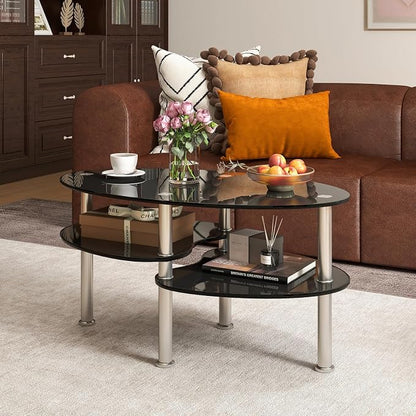 Tangkula Glass Coffee Table, 2-Tier Modern Oval Smooth Glass Tea Table End Table - Image 2