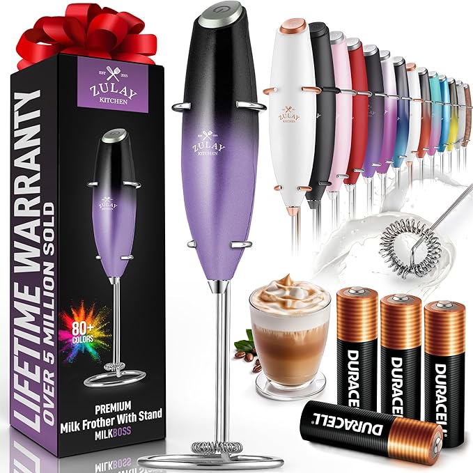 Zulay Kitchen Powerful Milk Frother Wand With 4 AA Duracell Batteries - Ultra Fast Handheld Drink Mixer - Electric Whisk Foam Maker for Coffee, Lattes, Cappuccino, Matcha & Creamer -