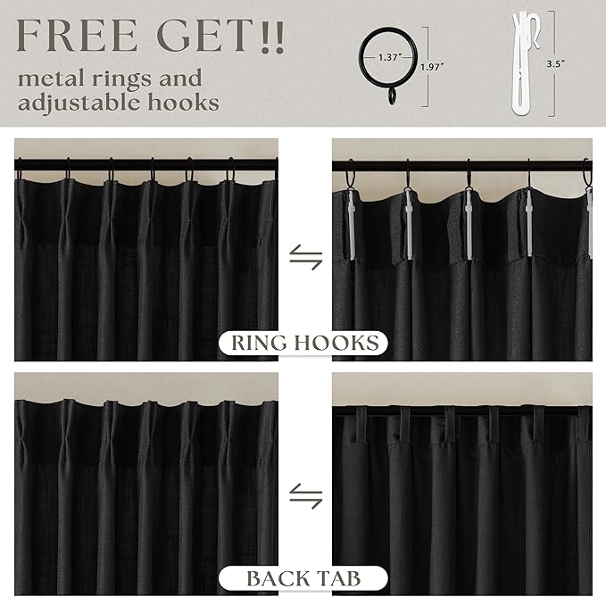 Black Pinch Pleated Linen Semi Sheer 84 Inch Curtains 2 Panels | Light Filtering - Image 5
