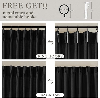 Black Pinch Pleated Linen Semi Sheer 84 Inch Curtains 2 Panels | Light Filtering - Image 5