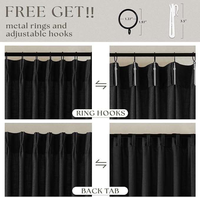 Black Pinch Pleated Linen Semi Sheer 90 Inch Curtains 2 Panels | Light Filtering - Image 5