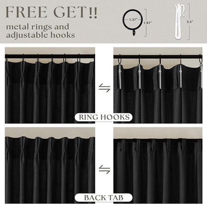 Black Pinch Pleated Linen Semi Sheer 90 Inch Curtains 2 Panels | Light Filtering - Image 5